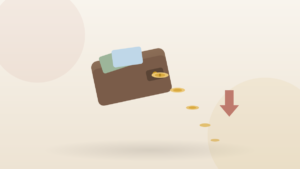 Brown wallet with credit cards, gold coins spilling out and a downward arrow — budgeting mistakes draining your bank account