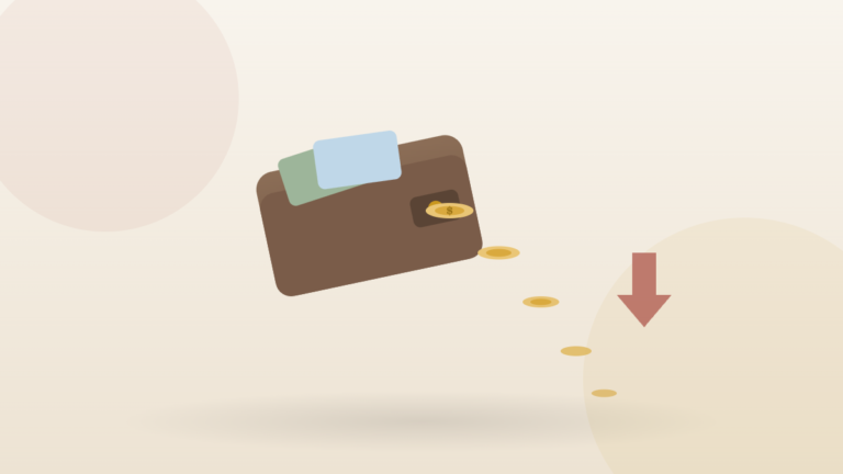 Brown wallet with credit cards, gold coins spilling out and a downward arrow — budgeting mistakes draining your bank account