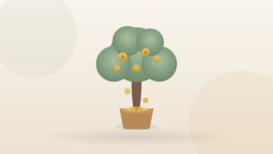 A money tree growing gold coins and dropping them into a pot — dividend investing building wealth on autopilot