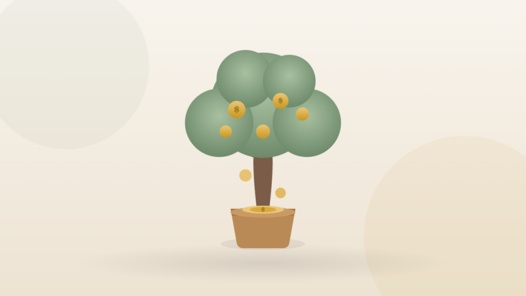 A money tree growing gold coins and dropping them into a pot — dividend investing building wealth on autopilot