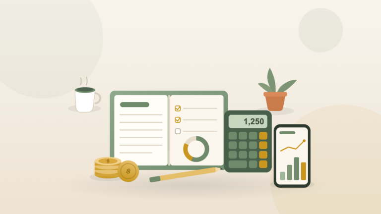 Budget planner, calculator, coins and growth plant flat-lay representing how to budget money