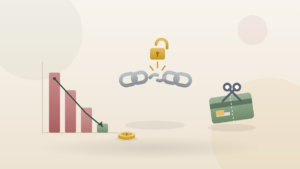 Falling debt bar chart, a breaking chain with open padlock, and scissors cutting a credit card — how to get out of debt
