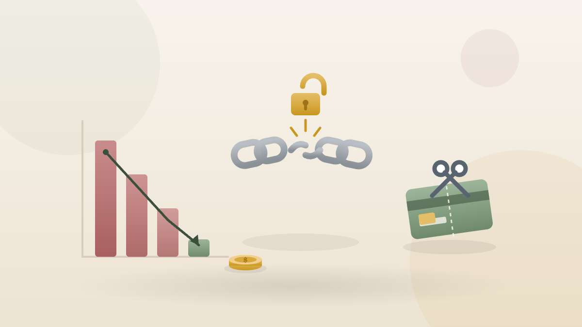 Falling debt bar chart, a breaking chain with open padlock, and scissors cutting a credit card — how to get out of debt