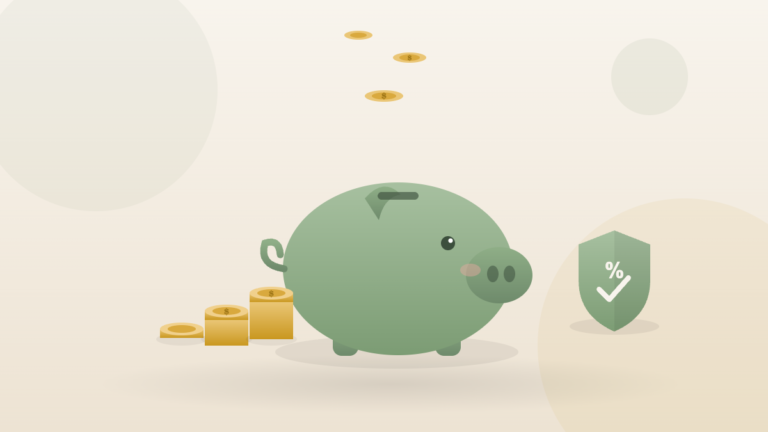 Green piggy bank with coins dropping into the slot, growing coin stacks, and a high-yield savings shield — how to save money