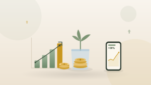 Rising bar chart, coins sprouting a plant, and a phone showing investment growth — how to start investing