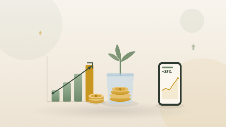 Rising bar chart, coins sprouting a plant, and a phone showing investment growth — how to start investing