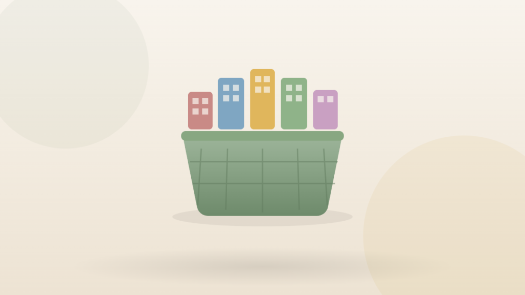 A woven basket holding many small colorful company buildings — an index fund holding the whole market