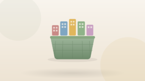 A woven basket holding many small colorful company buildings — an index fund holding the whole market