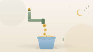 A tap pouring gold coins into a bucket under a crescent moon and Zzz — passive income earning money while you sleep