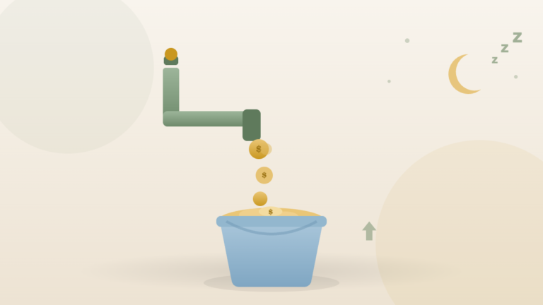 A tap pouring gold coins into a bucket under a crescent moon and Zzz — passive income earning money while you sleep