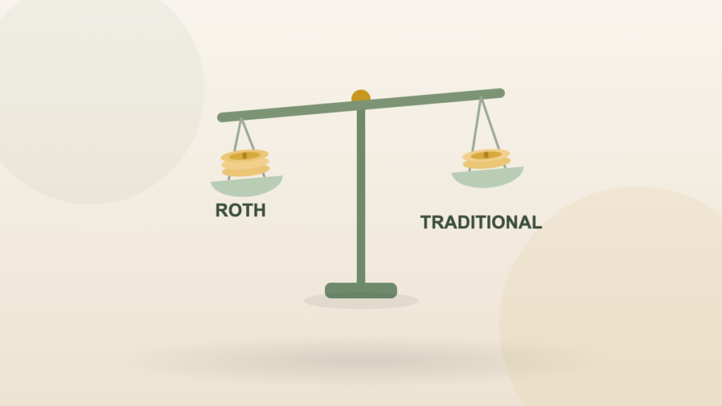 A balance scale weighing two coin stacks labeled Roth and Traditional — comparing Roth IRA vs Traditional IRA