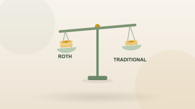 A balance scale weighing two coin stacks labeled Roth and Traditional — comparing Roth IRA vs Traditional IRA